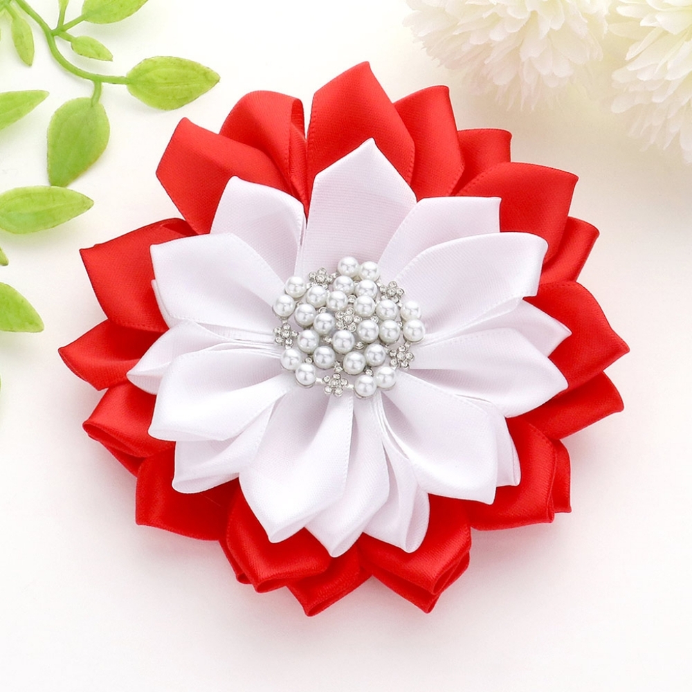 Red White Pearl Flower Brooch 5" Ribbon Pendant Pin Hairpin Statement Accessory